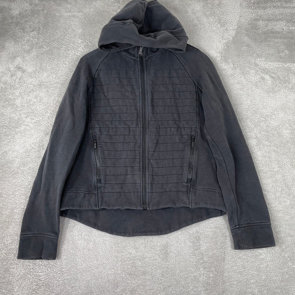 Lululemon Jacket Womens 6 Black Quilted Front Fleece Hooded Full Zip Athleisure